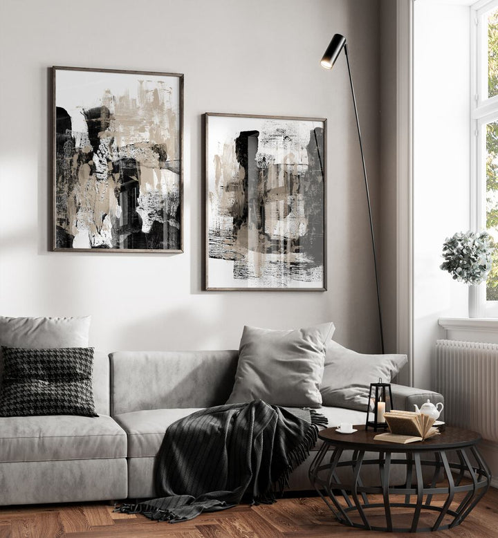BEIGE AND BLACK ABSTRACT STROKES SET, SET OF 2 PAINTINGS adds contemporary elegance to any living space.