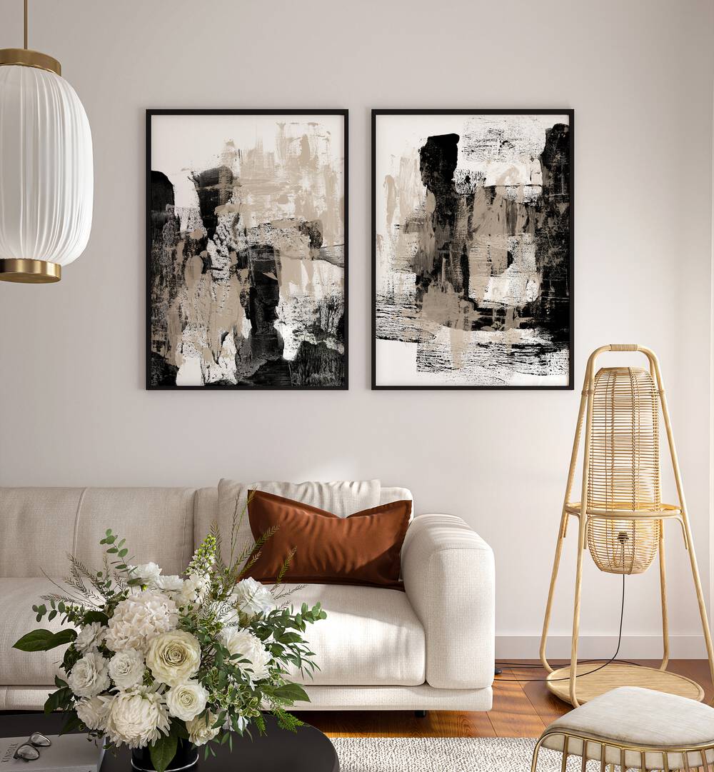 Stylish BEIGE AND BLACK ABSTRACT STROKES SET, SET OF 2 PAINTINGS elevates modern decor with chic artistry.