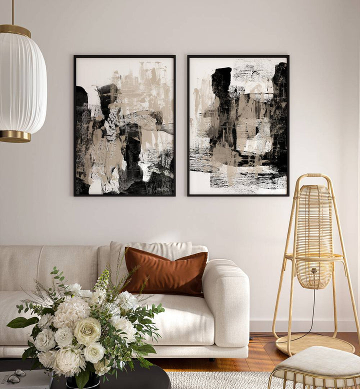 Stylish BEIGE AND BLACK ABSTRACT STROKES SET, SET OF 2 PAINTINGS elevates modern decor with chic artistry.