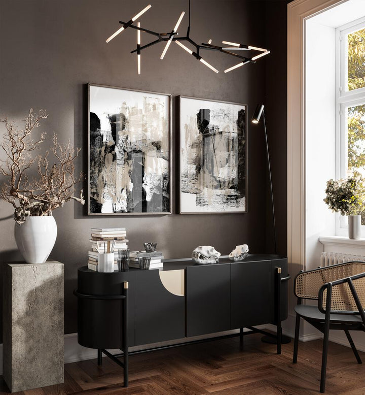 Enhance your decor with the BEIGE AND BLACK ABSTRACT STROKES SET, SET OF 2 PAINTINGS, showcasing contemporary artistry.