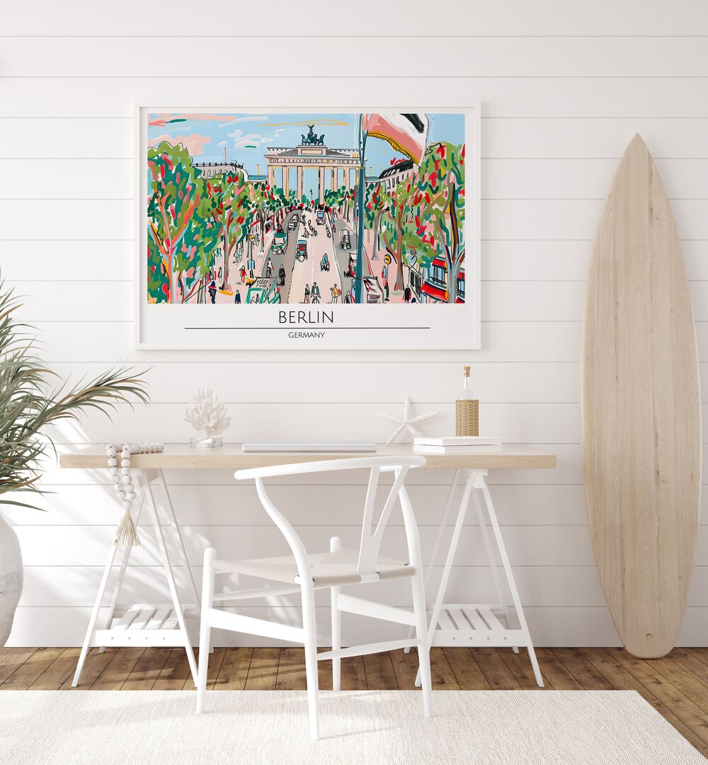 Bright and colorful BERLIN - GERMANY, TRAVEL POSTERS showcasing the iconic Brandenburg Gate in a modern design.
