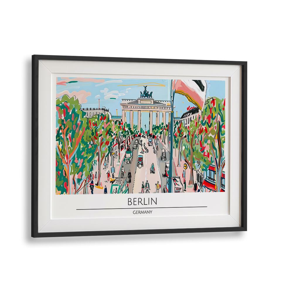 Colorful BERLIN - GERMANY, TRAVEL POSTERS in a sleek black frame, capturing the charm of Berlin's iconic landmarks.