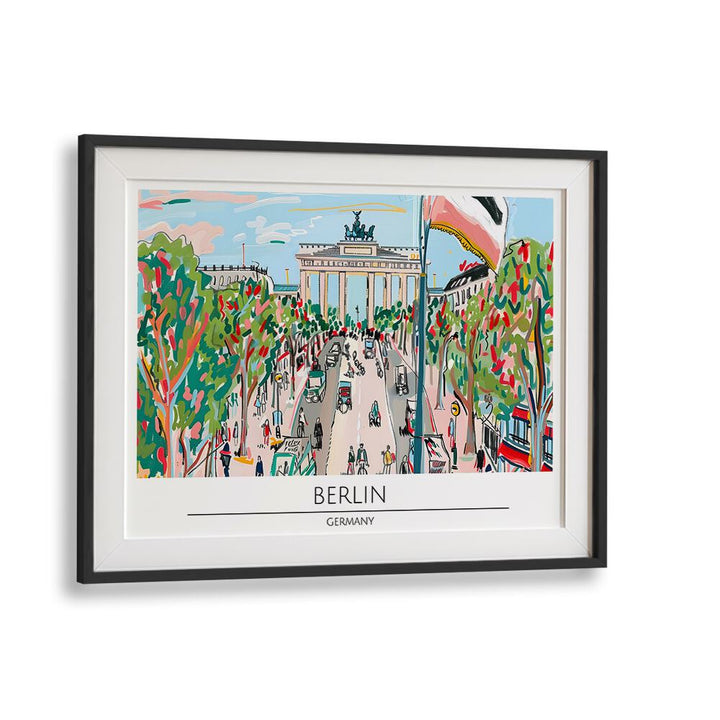Colorful BERLIN - GERMANY, TRAVEL POSTERS in a sleek black frame, capturing the charm of Berlin's iconic landmarks.