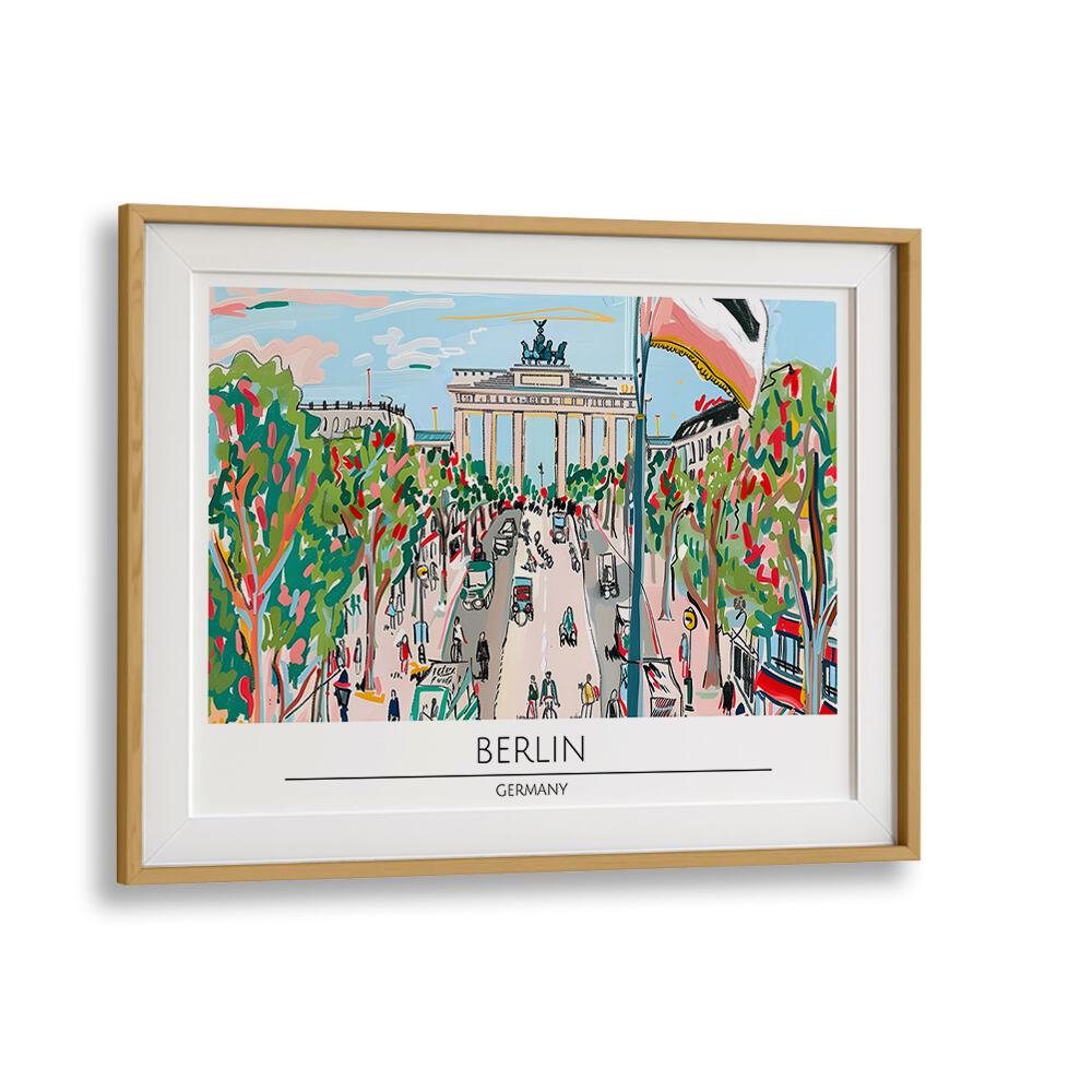 Vibrant BERLIN - GERMANY, TRAVEL POSTERS in oak frame, showcasing the iconic Brandenburg Gate and lively city scene.