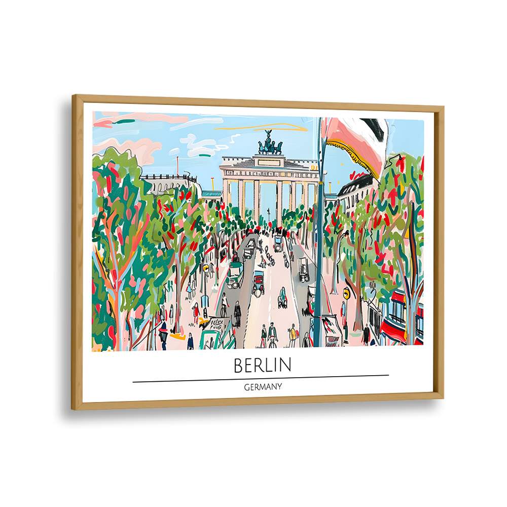 Colorful BERLIN - GERMANY, TRAVEL POSTERS framed in oak, showcasing the iconic Brandenburg Gate and vibrant city life.