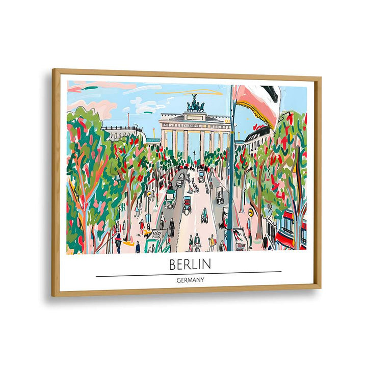 Colorful BERLIN - GERMANY, TRAVEL POSTERS framed in oak, showcasing the iconic Brandenburg Gate and vibrant city life.