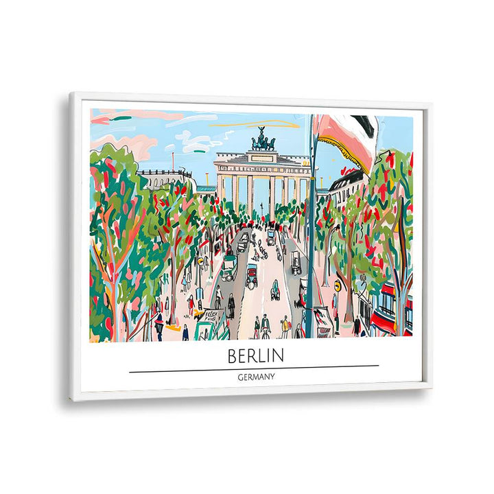 Colorful BERLIN - GERMANY, TRAVEL POSTERS in a white frame, showcasing the iconic Brandenburg Gate and lively streets.