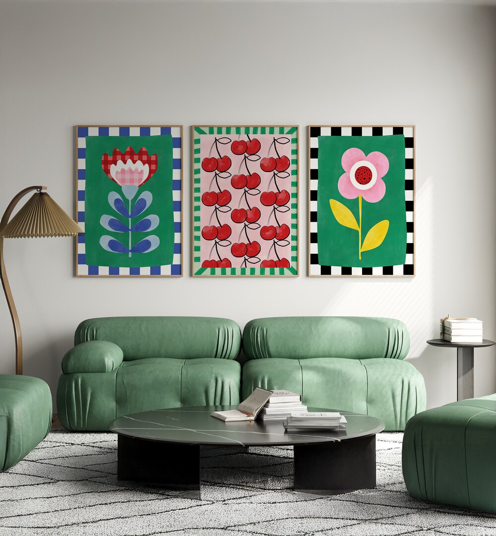 Brighten your space with the BERRY BLOOMS SET, SET OF 3 PAINTINGS featuring vibrant floral designs.