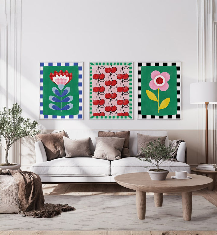 Brighten your space with the BERRY BLOOMS SET, SET OF 3 PAINTINGS featuring vibrant floral and berry designs.