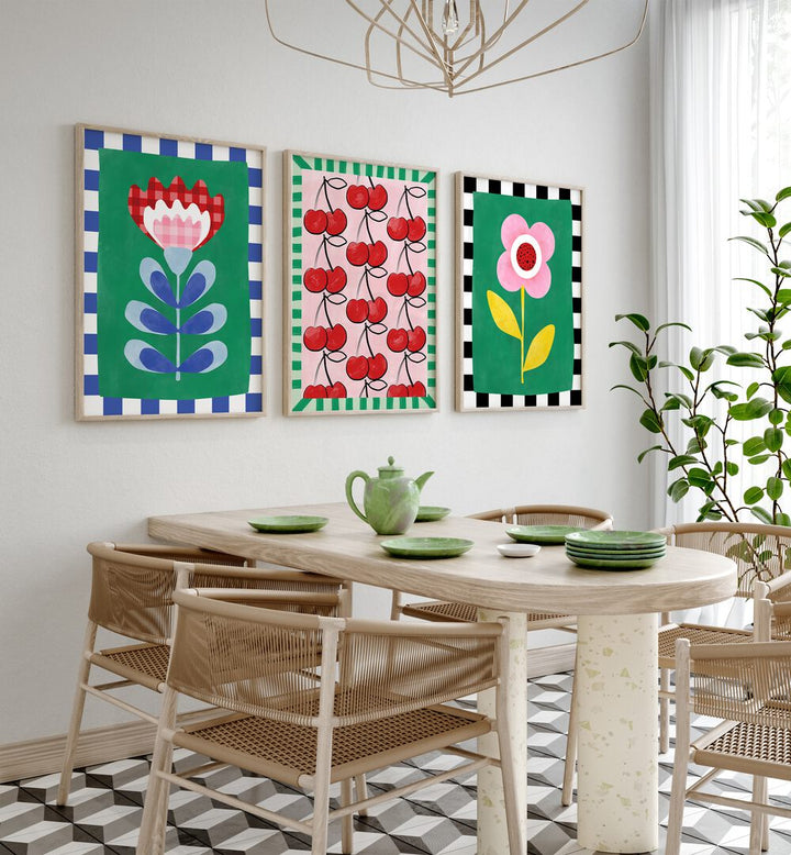 Vibrant BERRY BLOOMS SET, SET OF 3 PAINTINGS adds color and charm to any space with beautiful floral and berry designs.