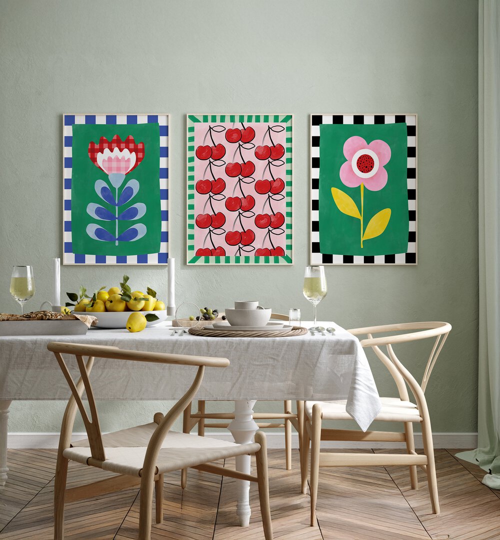 Brighten your space with the BERRY BLOOMS SET, SET OF 3 PAINTINGS featuring vibrant floral designs.
