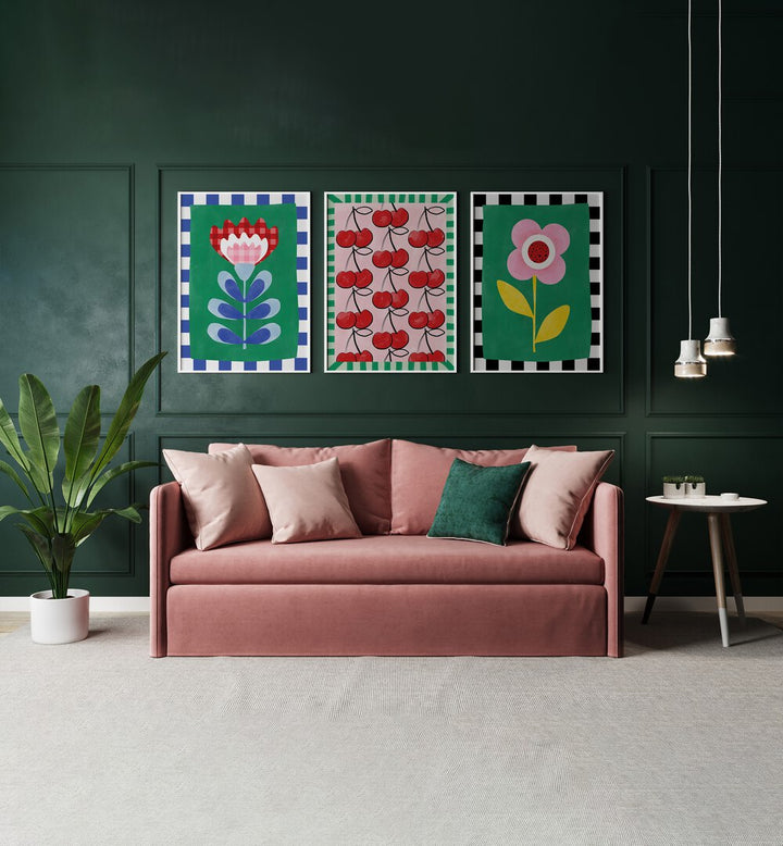 Brighten your space with the BERRY BLOOMS SET, SET OF 3 PAINTINGS showcasing vibrant berries and blossoms.