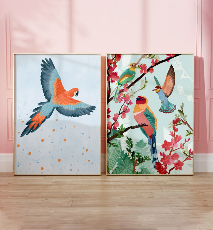 Brighten your space with BIRDS ON HIGH, SET OF 2 PAINTINGS featuring vibrant birds and stunning designs.