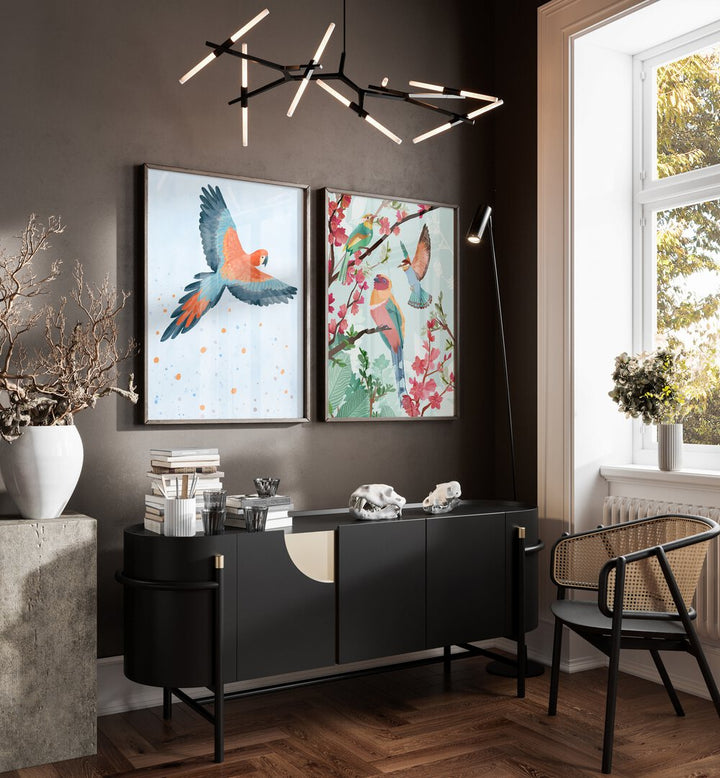 Elevate your decor with BIRDS ON HIGH, SET OF 2 PAINTINGS, showcasing vibrant birds in stunning designs.