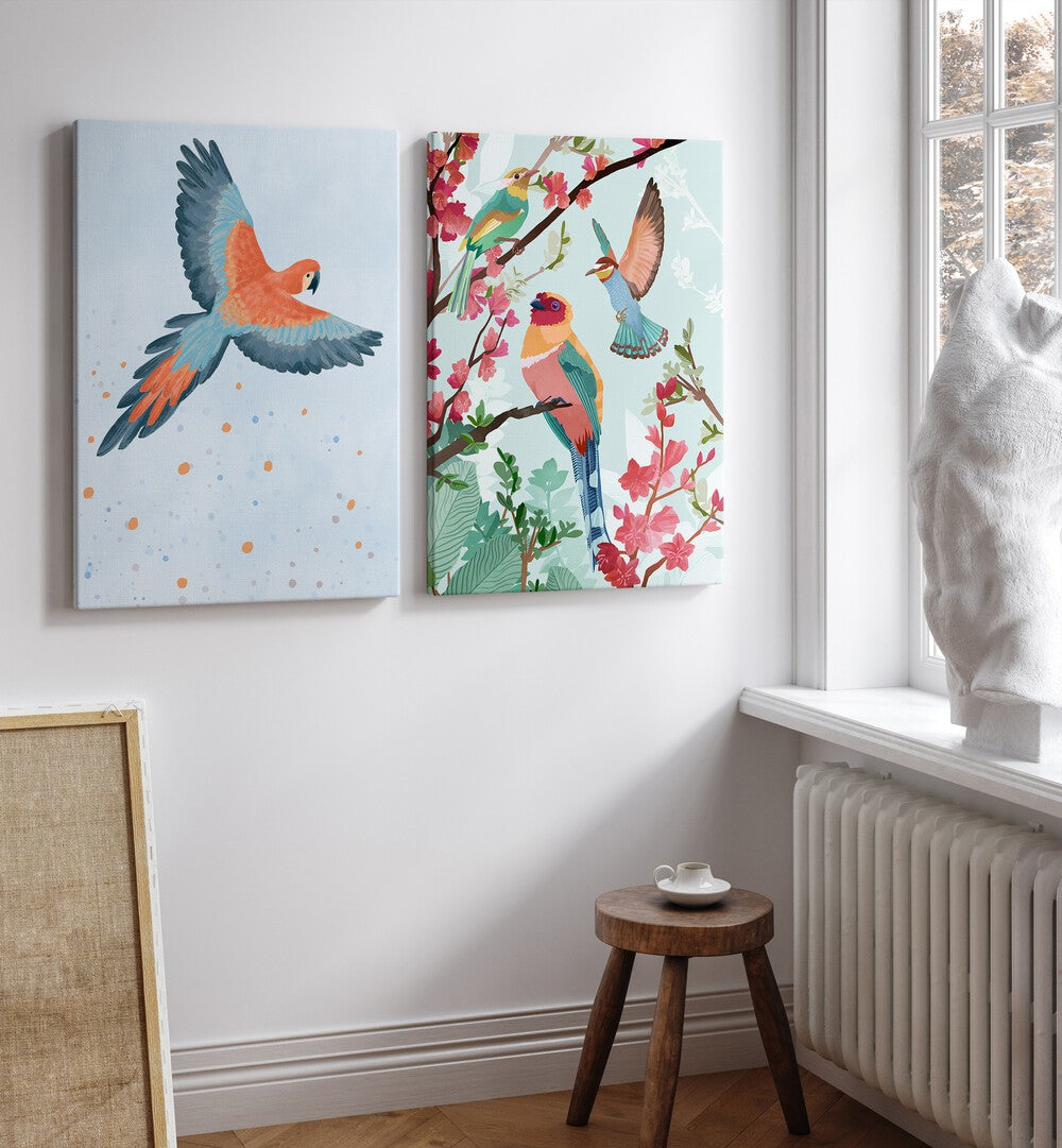 Brighten your decor with BIRDS ON HIGH, SET OF 2 PAINTINGS, showcasing vibrant birds and nature's beauty.