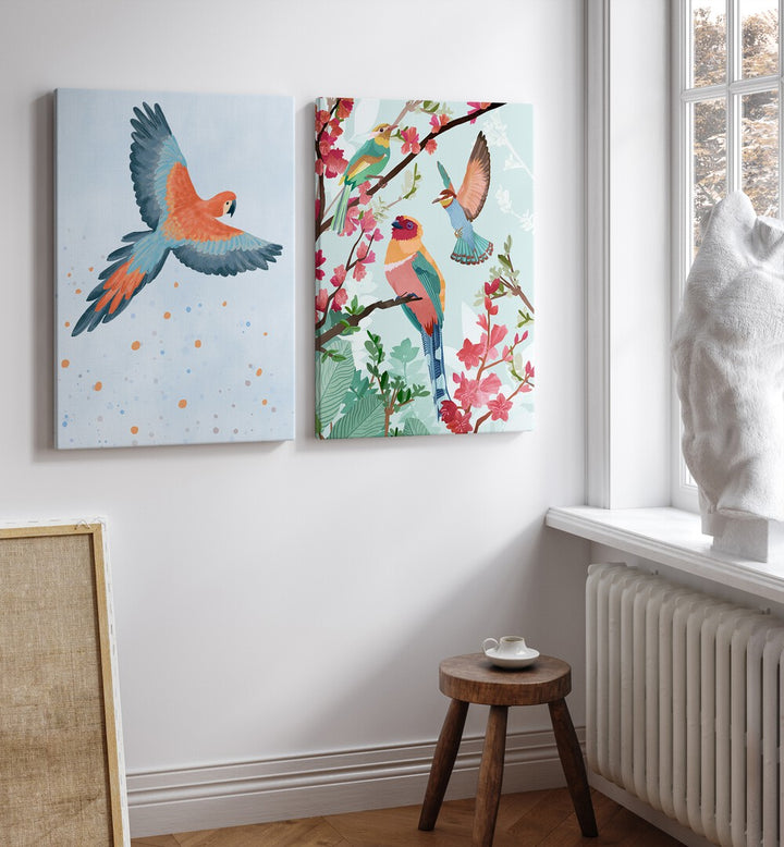 Brighten your decor with BIRDS ON HIGH, SET OF 2 PAINTINGS, showcasing vibrant birds and nature's beauty.