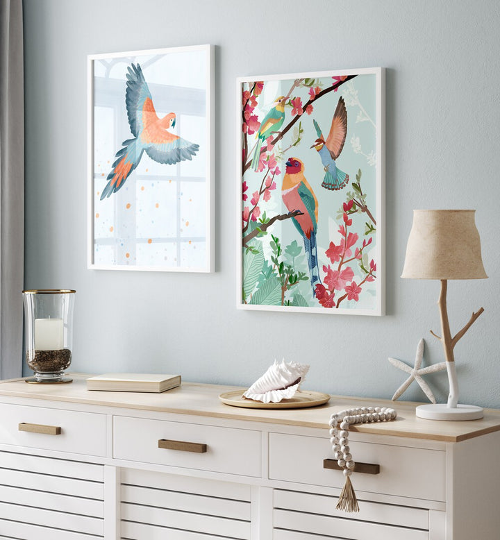 Brighten your decor with the BIRDS ON HIGH, SET OF 2 PAINTINGS, showcasing an eagle and vibrant summer bird designs.