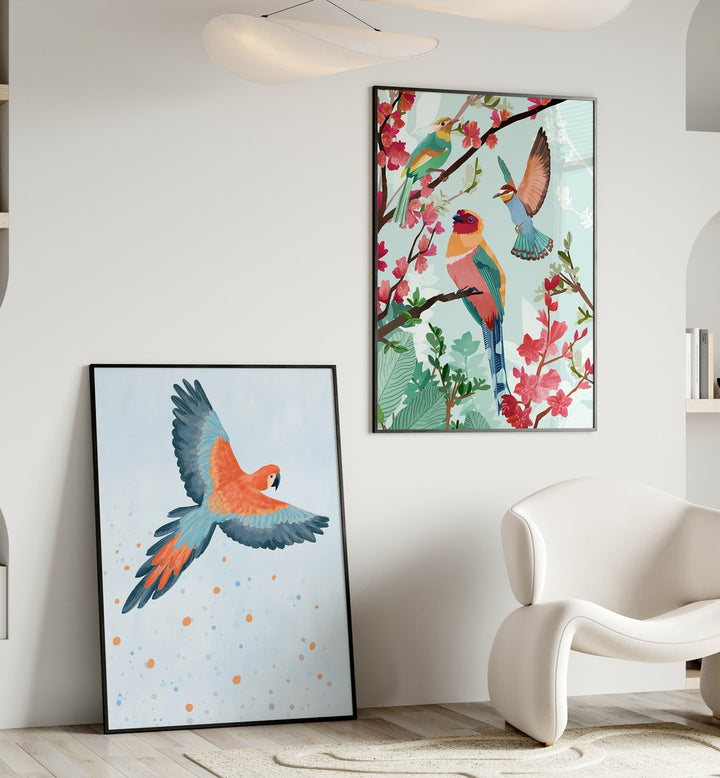 Stunning BIRDS ON HIGH, SET OF 2 PAINTINGS featuring vibrant birds and floral designs, perfect for home decor.