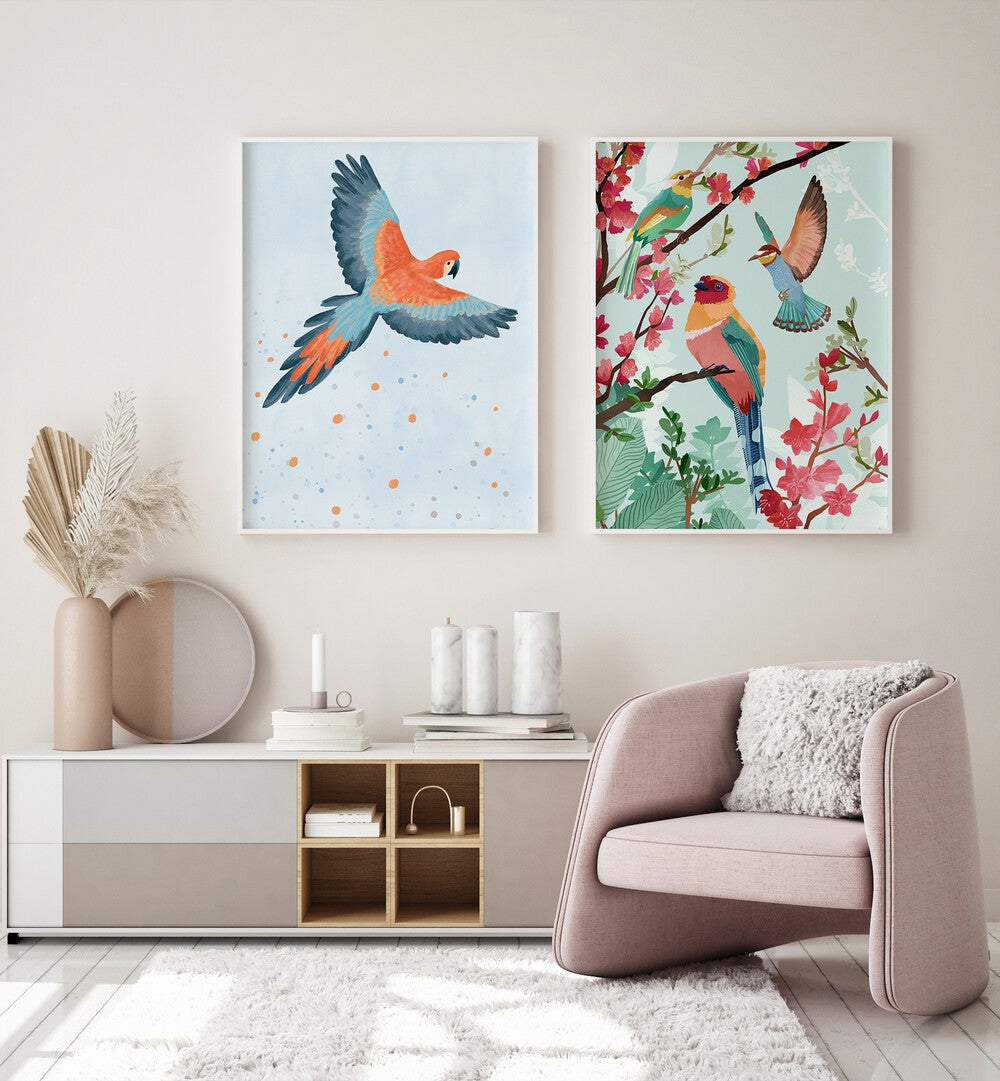 Transform your space with BIRDS ON HIGH, SET OF 2 PAINTINGS, showcasing vibrant birds in stunning designs.