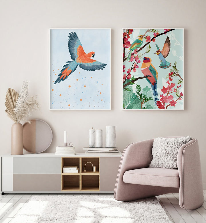 Transform your space with BIRDS ON HIGH, SET OF 2 PAINTINGS, showcasing vibrant birds in stunning designs.