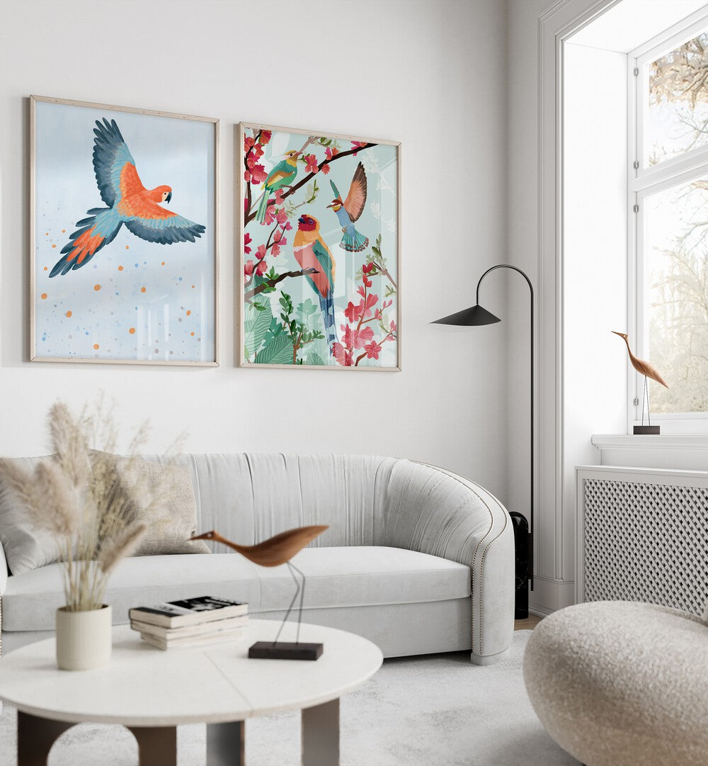Brighten your space with BIRDS ON HIGH, SET OF 2 PAINTINGS, showcasing vibrant bird designs in elegant frames.
