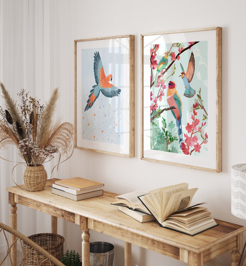 Enhance your decor with BIRDS ON HIGH, SET OF 2 PAINTINGS, featuring vibrant designs of an eagle and a summer bird.