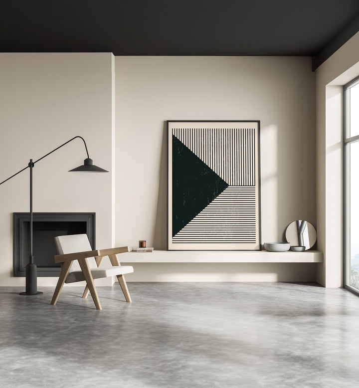 Stylish living room featuring the BLACK AND WHITE LINES SERIES II, GEOMETRIC ART PRINTS by Jay Stanley.