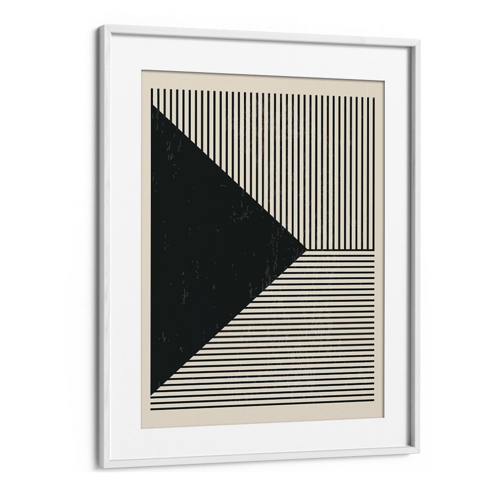 Elegant BLACK AND WHITE LINES SERIES II, GEOMETRIC ART PRINTS by Jay Stanley in a stylish white frame, enhancing any decor.