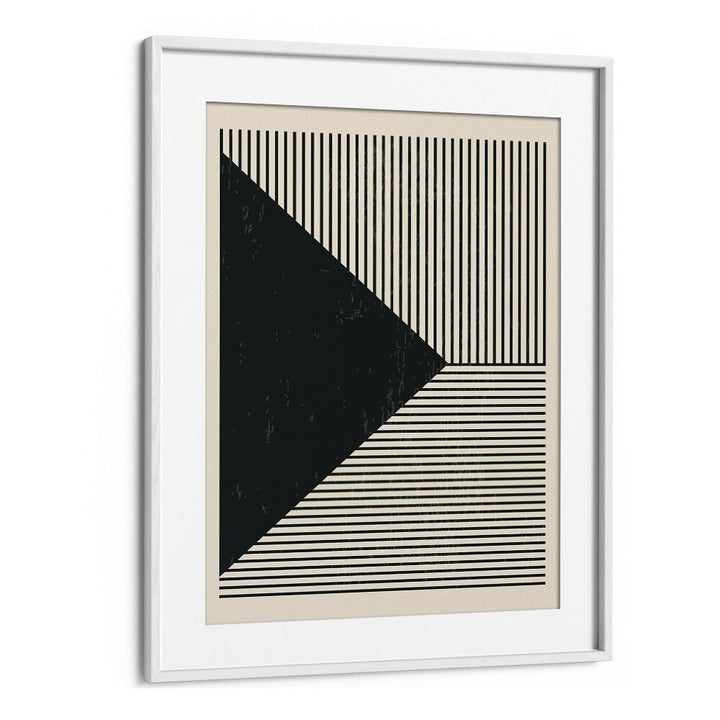 Elegant BLACK AND WHITE LINES SERIES II, GEOMETRIC ART PRINTS by Jay Stanley in a stylish white frame, enhancing any decor.