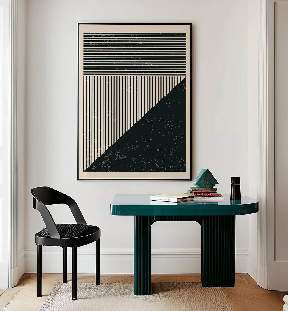Stylish interior featuring BLACK AND WHITE LINES SERIES V, GEOMETRIC ART PRINTS by Jay Stanley for modern decor.
