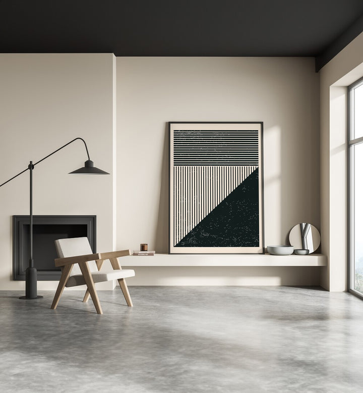 Stylish living room featuring BLACK AND WHITE LINES SERIES V, GEOMETRIC ART PRINTS by Jay Stanley, enhancing modern decor.
