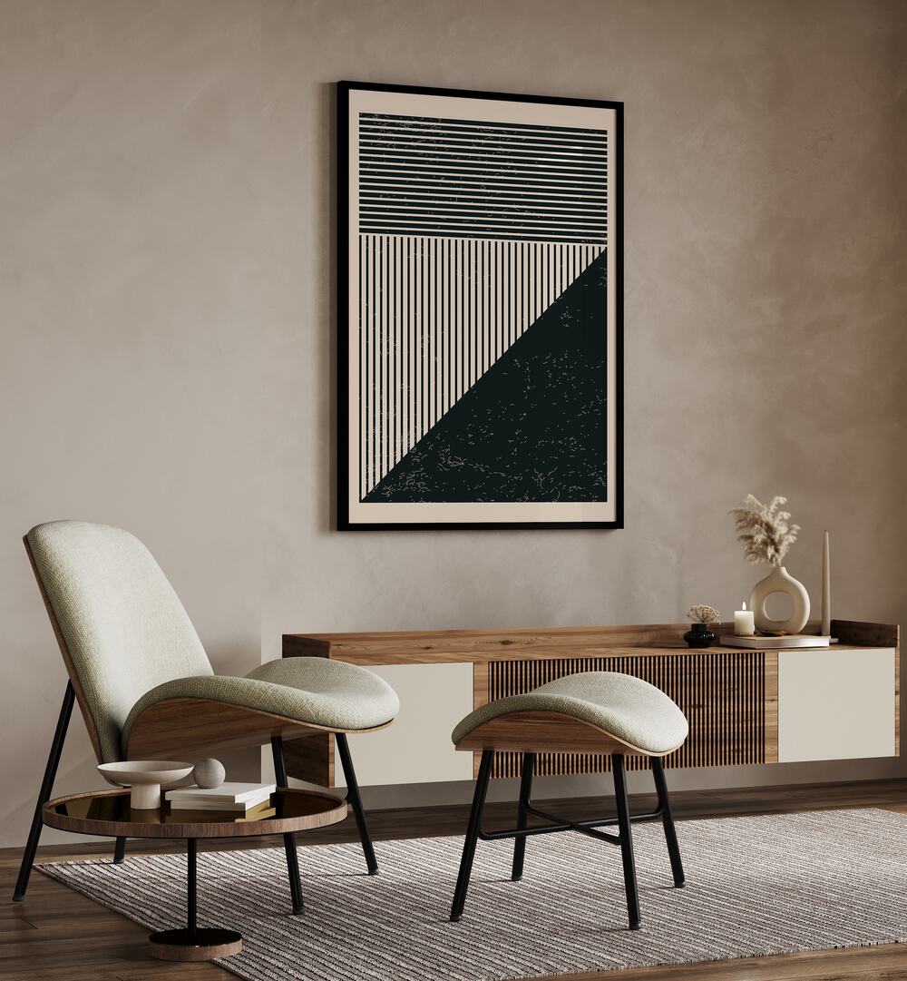 Stylish room featuring BLACK AND WHITE LINES SERIES V, GEOMETRIC ART PRINTS by Jay Stanley for modern elegance.