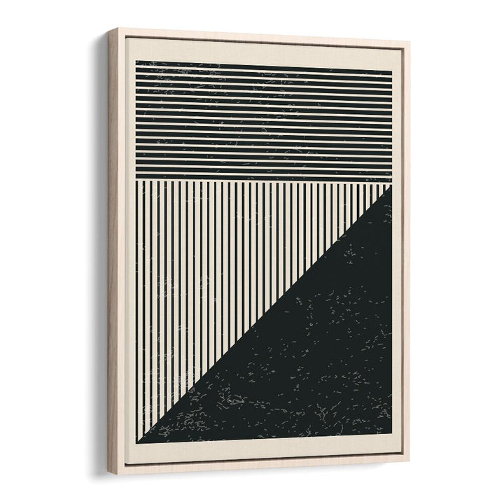 Stylish BLACK AND WHITE LINES SERIES V, GEOMETRIC ART PRINTS in an oak floater frame, perfect for modern decor.