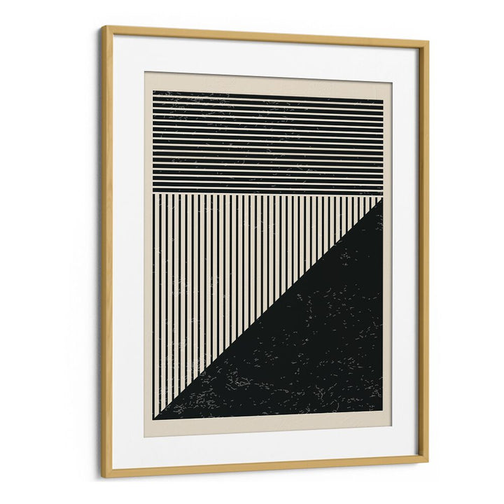 Stylish BLACK AND WHITE LINES SERIES V, GEOMETRIC ART PRINTS by Jay Stanley in an elegant oak frame, perfect for decor.