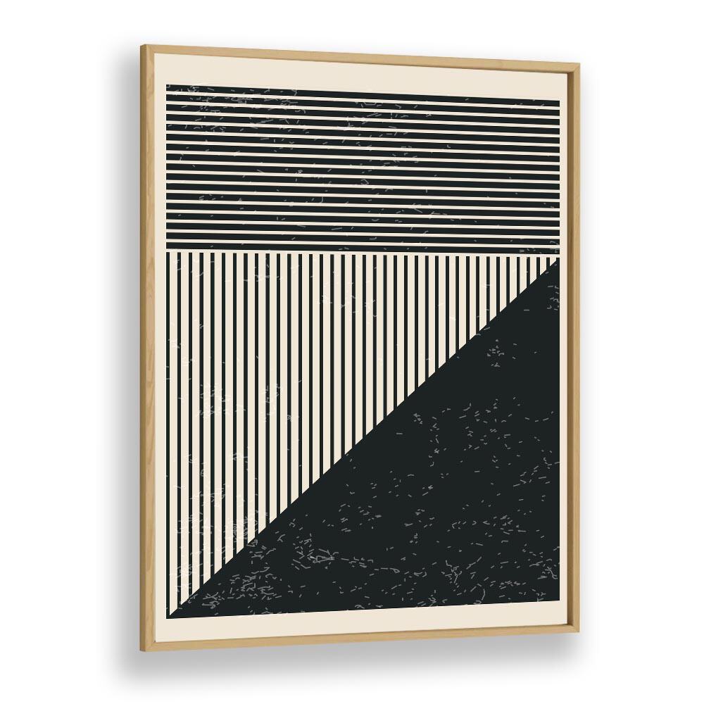 Stylish BLACK AND WHITE LINES SERIES V, GEOMETRIC ART PRINTS by Jay Stanley in oak frame, perfect for modern decor.