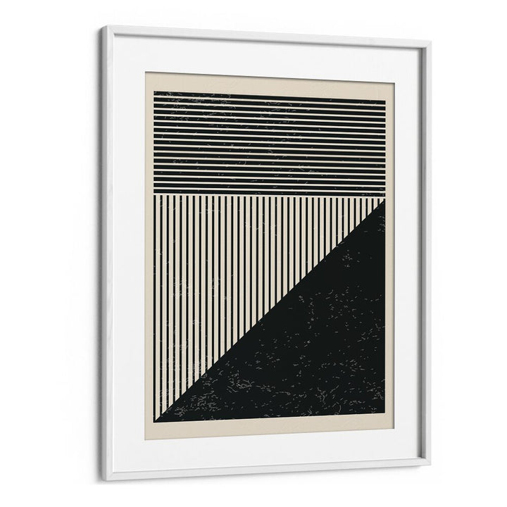 Stylish BLACK AND WHITE LINES SERIES V, GEOMETRIC ART PRINTS by Jay Stanley in a sleek white frame for modern decor.