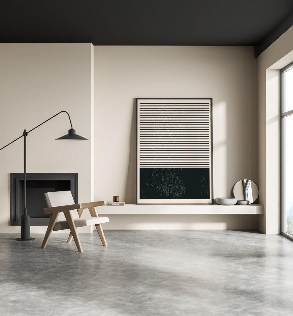 Stylish interior featuring BLACK AND WHITE MINIMAL SERIES II, GEOMETRIC ART PRINTS by Jay Stanley for modern decor.