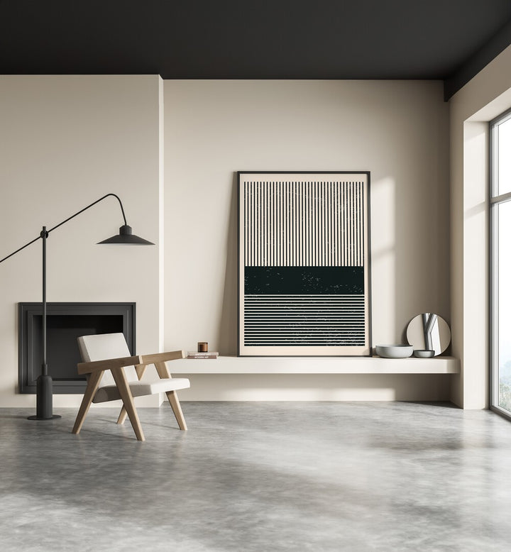 Elegant living space featuring BLACK AND WHITE MINIMAL SERIES V, GEOMETRIC ART PRINTS by Jay Stanley, showcasing modern decor.