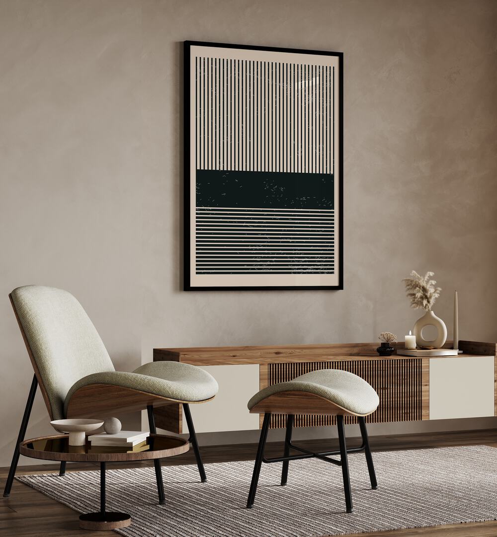 Stylish living room featuring BLACK AND WHITE MINIMAL SERIES V, GEOMETRIC ART PRINTS by Jay Stanley, enhancing modern decor.