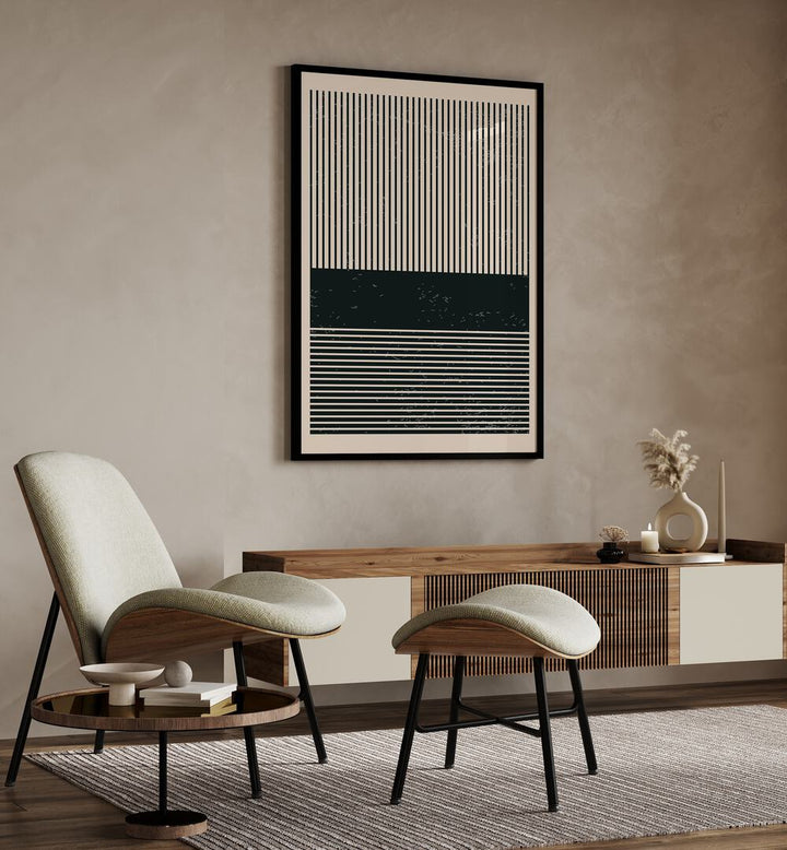 Stylish living room featuring BLACK AND WHITE MINIMAL SERIES V, GEOMETRIC ART PRINTS by Jay Stanley, enhancing modern decor.