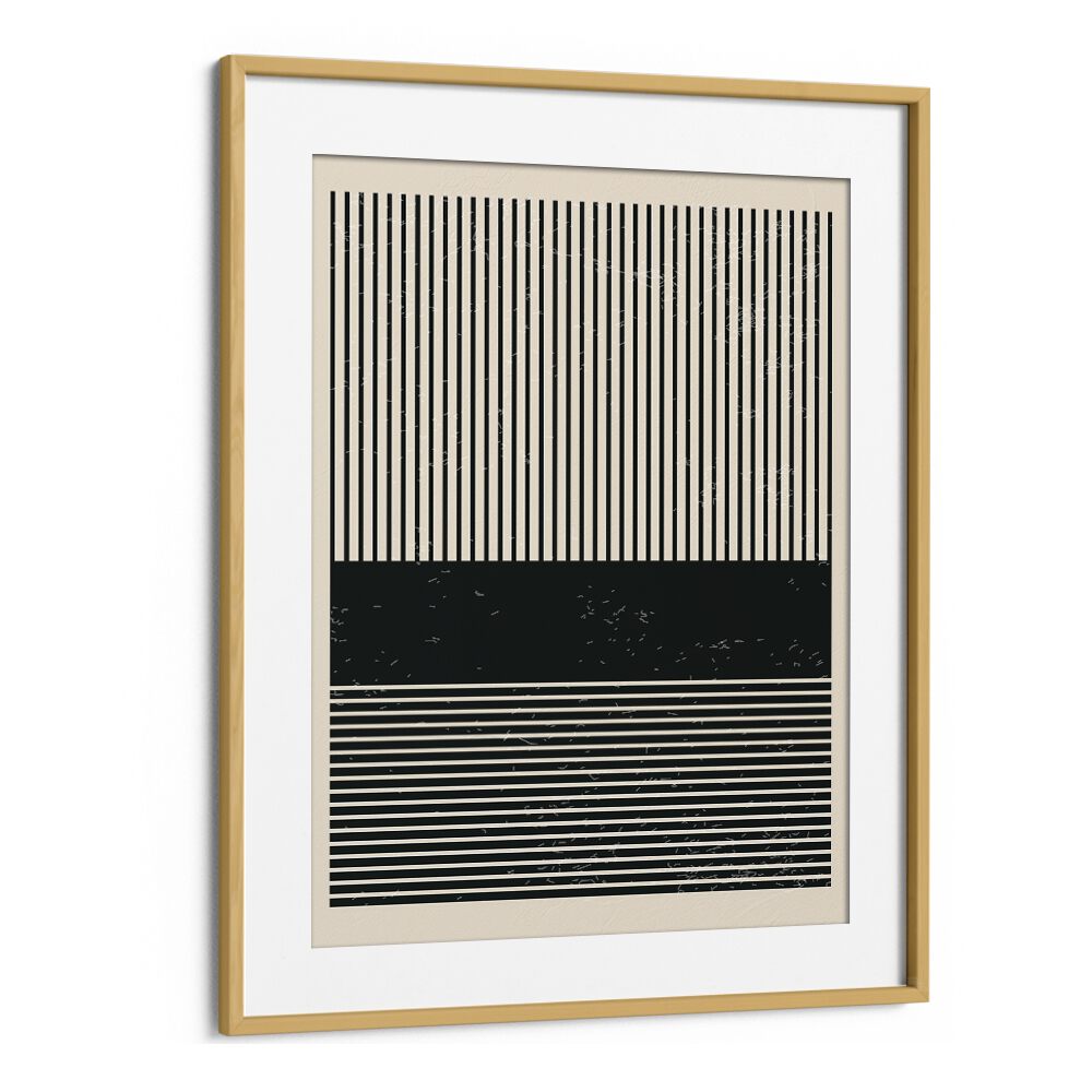 Elegant BLACK AND WHITE MINIMAL SERIES V, GEOMETRIC ART PRINTS in a stylish oak frame, perfect for modern decor.
