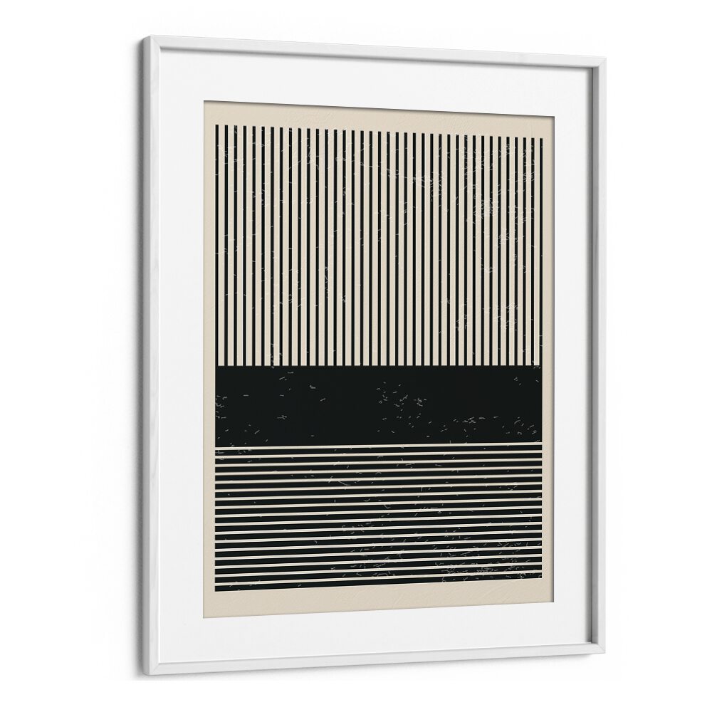 Elegant BLACK AND WHITE MINIMAL SERIES V, GEOMETRIC ART PRINTS framed in white, showcasing striking line art design.