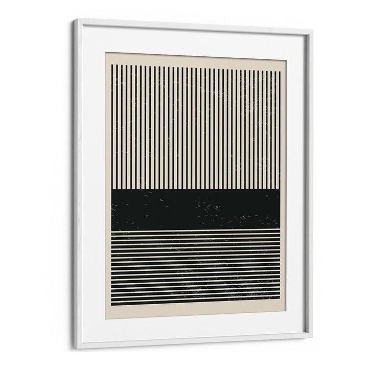 Elegant BLACK AND WHITE MINIMAL SERIES V, GEOMETRIC ART PRINTS framed in white, showcasing striking line art design.