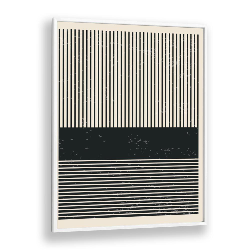Elegant BLACK AND WHITE MINIMAL SERIES V, GEOMETRIC ART PRINTS featuring striking line art in a sleek white frame.