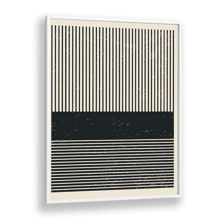 Elegant BLACK AND WHITE MINIMAL SERIES V, GEOMETRIC ART PRINTS featuring striking line art in a sleek white frame.