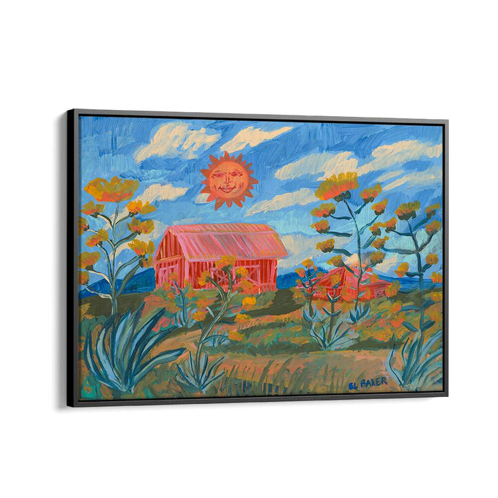 Bright and colorful SUNNY FARM PRINT, LANDSCAPE PAINTINGS showcasing a charming farm scene with vibrant flowers.