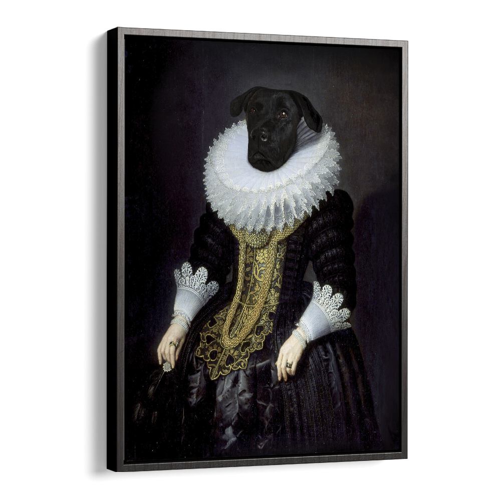 Elegant ANOUK, ANIMAL PAINTINGS poster featuring a dog in vintage attire, perfect for wildlife art lovers.