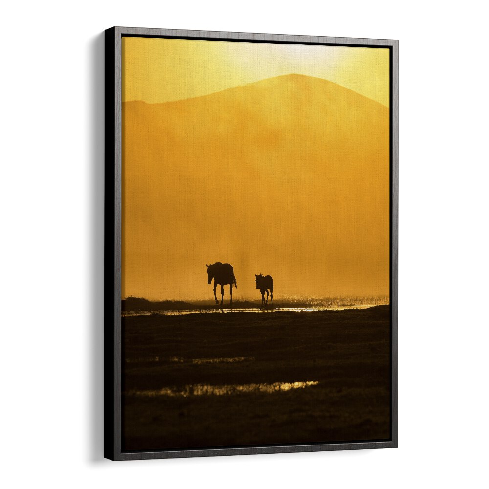 Silhouettes of a mother horse and foal against a golden sunset, featured in FOLLOWING MOMMY, PHOTOGRAPHY PRINTS.