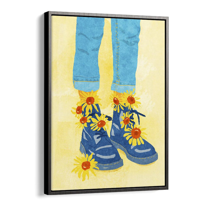 Vibrant SUNFLOWER WALK, FASHION POSTERS featuring stylish boots adorned with cheerful sunflowers on museum-grade canvas.