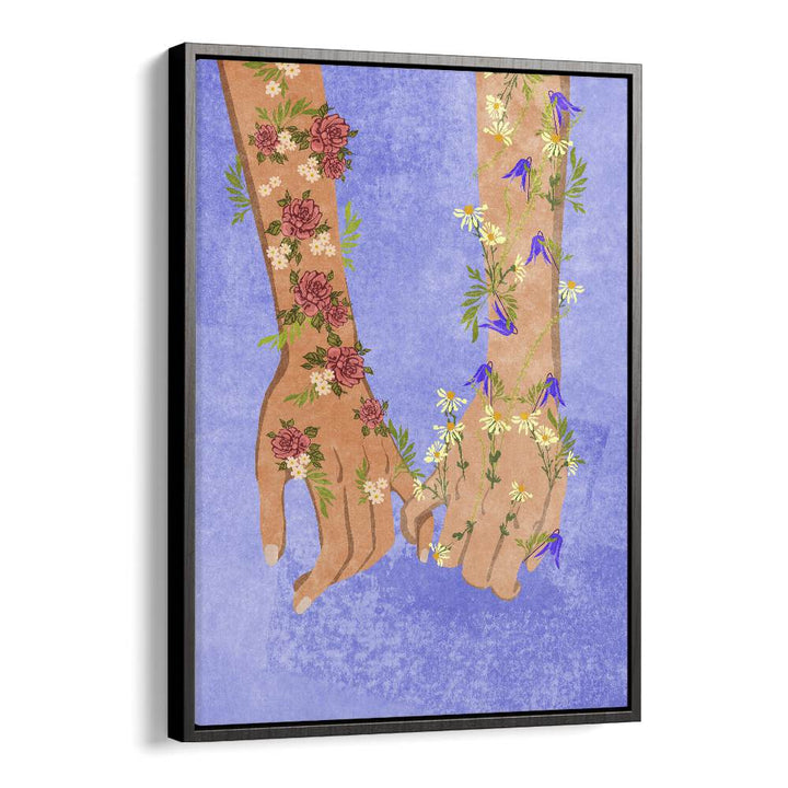 "HOLDING HANDS, FASHION POSTERS" showcases intertwined hands adorned with floral designs on vibrant canvas.